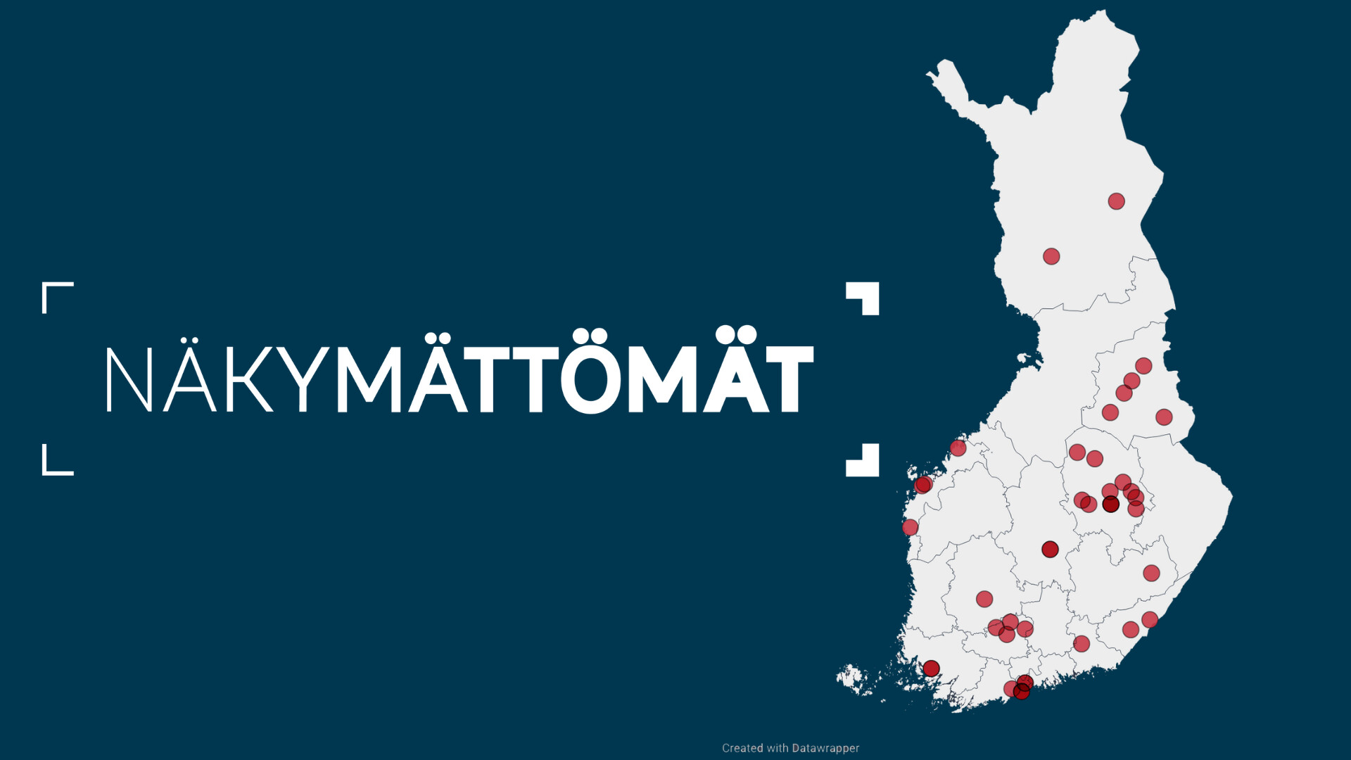 Näkymättömät-logon viereiseen Suomen karttaan on merkattu palluroina alueita, joilla kasvokkaista toimintaa on ollut vuonna 2024. Toimintapaikkakunnat on avattu tekstissä. 